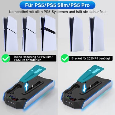 Підставка для PS5 Slim/Pro з зарядною станцією для контролера PlayStation 5 (Disc/Digital), аксесуари PS5 з RGB підсвіткою, вентилятор, тримач для навушників, USB хаб, чорно-білий, Q511