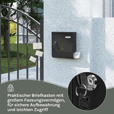 Поштовий ящик WOLTU з газетницею, оглядовим вікном та табличкою для імені, настінний, замиканий (2 ключі), сучасний дизайн, чорний (30,5x33,5x9 см)