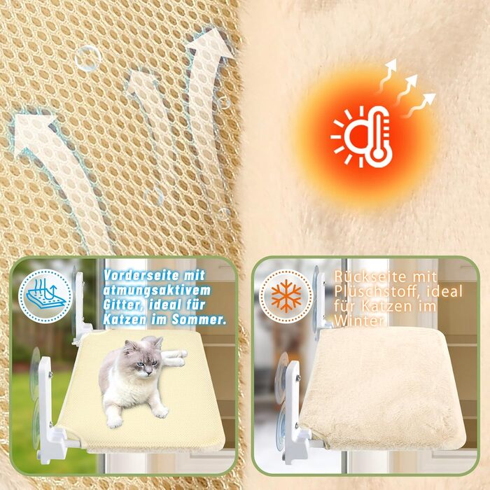Лежанка для котів на вікно 60x30 см, гамак для котів зі стабільними присосками, складане ліжко для котів на вікно, лежанка на підвіконня для котів до 20 кг, (Чотири сезони XL, Бежевий)