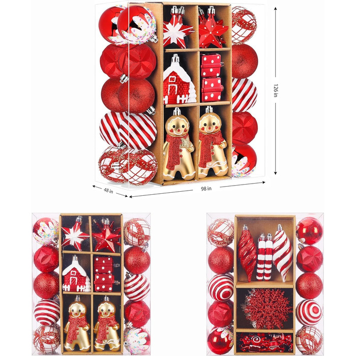 Набір прикрас на ялинку Shareconn 65 шт. - пластикові кулі, міцні, різні розміри та кольори (червоний та білий)