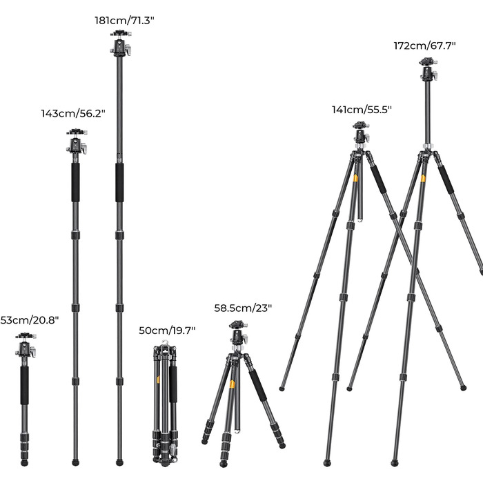 Штатив для камери K&F CONCEPT 156cm з карбону, компактний, знімний монопод, кулькова головка 360°, вантажопідйомність 15 кг, A255C2+BH-36L