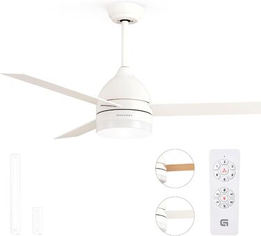 Вентилятор стельовий Grunkel з LED підсвічуванням, 132 см, білий/дерево, пульт, 6 швидкостей, таймер 8 год - 35W