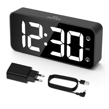 Електронний будильник LATEC з LED-дисплеєм, 2 сигналими та функцією Snooze, USB-порт для зарядки, регулювання яскравості та гучності (90-120 дБ), 8 мелодій, формат 12/24г, мережевий, чорний