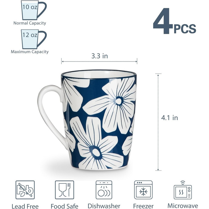 ONEMORE Coffee Mug Set of 4, 355 ml, Porcelain Coffee Cup with Handles, Blue Ceramic Mug for Latte, Cappuccino, Tea, Hot Chocolate, Microwave Safe, Dishwasher Safe, Scratch-Resistant