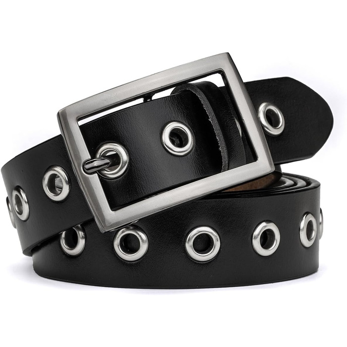 Жіночий шкіряний ремінь з металевою пряжкою для джинсів Dreess, ширина 1.1 см, довжина 115 см (підходить для обхвату талії 95-106 см), колір: чорний