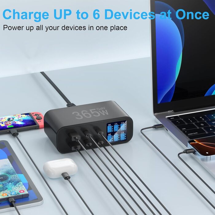 Зарядний пристрій USB-C 365W YSYFAD з 6 портами, PD 100W, QC 3.0, LED індикатор - для MacBook, ноутбуків, iPhone, iPad (Чорний)