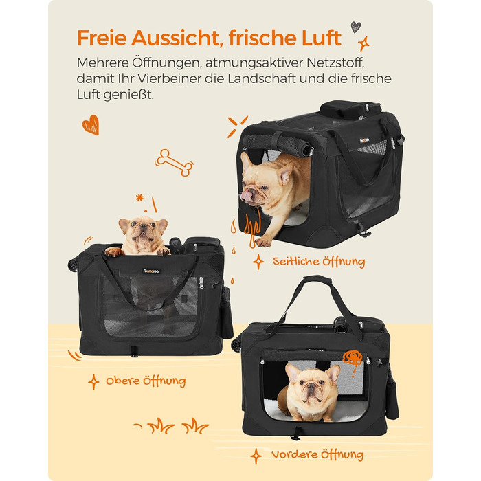 Клітка для собак Feandrea, переноска для собак, чорна, 60 x 42 x 42 см, з ручками та кишенями