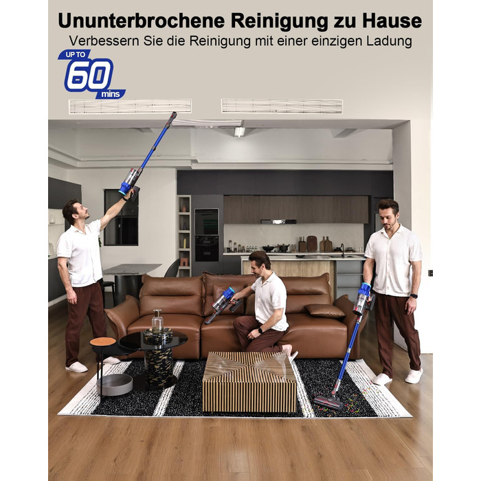 PINICO Бездротовий акумуляторний пилосос 550W з автоматичним режимом та щіткою Anti-Tangle, для твердих підлог, килимів та шерсті тварин (Blue+grey)