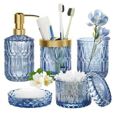 Набір для ванної кімнати скляний 5 предметів Lotionspender синій - розкішний органайзер для ванної (мильниця, стаканчик, тримач для зубних щіток)