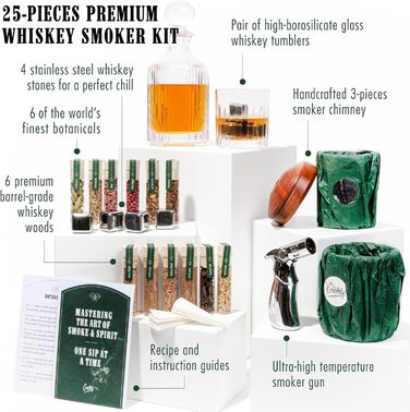 Набір для копчення віскі та коктейлів DIY - Преміум набір з дерева та ботаніки - Включає 6 дерев'яних стружок, 6 ботанічних добавок, 2 склянки, каміння для віскі, запальничка та димар - Оригінальний подарунок для чоловіків, на день народження та на Різдво