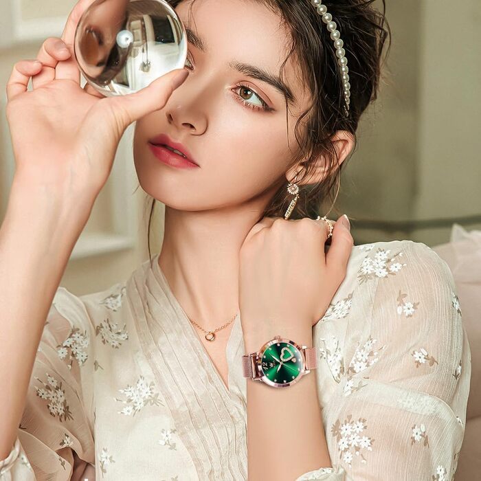 Годинник жіночий OLEVS Roségold з серцем-діамантом, чорно-біле циферблат, кварц, водонепроникний, комплект з браслетом, годинники для жінок (5189: Зелений)