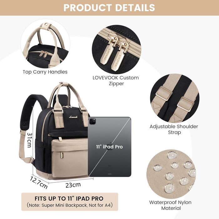 LOVEVOOK Рюкзак жіночий маленький, водонепроникний, міський, 2-в-1 з USB-портом, міні-рюкзак, сумочка, для роботи, школи, подорожей, елегантний, хакі, чорний, 11 дюймів