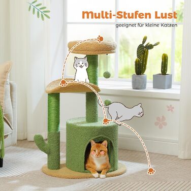 PETEPELA Cactus Scratch Tree Small 84cm Modern Cat Tree Detachable Top Bed, Plush Cave, 2 Sisal Posts, 2 Play Balls, Green