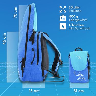 Рюкзак для тенісу BALLO®: сумка для ракетки, відділення для взуття, для жінок та чоловіків (блакитний)