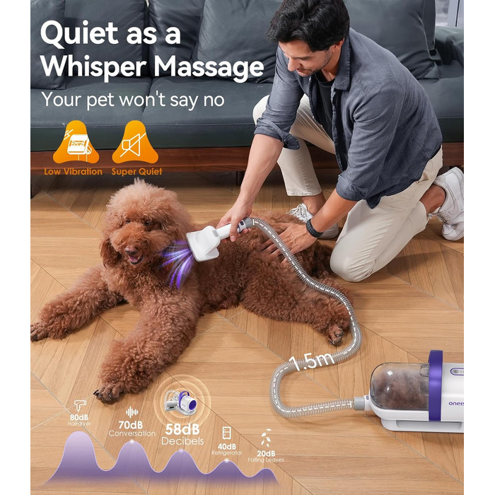 Пилсос для собак та котів Oneisall з турбощіткою, потужність 12000Pa, видаляє шерсть, 4 насадки, об'єм 1.5л, фіолетовий