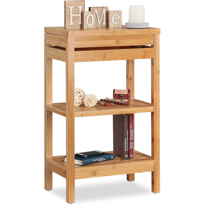 Relaxdays Bamboo Shelf, Standing Shelf with 3 Shelves, HxWxD: 76.5 x 46 x 29.5 cm, Compartment with Lid, Open, Kitchen & Bathroom, Natural