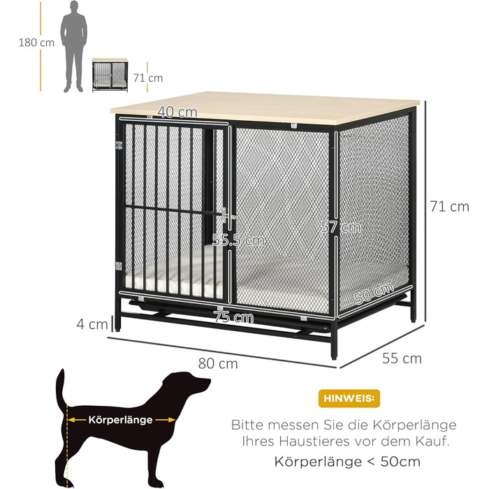 Клітка для собак PawHut, закривається на замок, з подушкою, для собак середніх порід до 20 кг, 88 x 55 x 71 см, колір: дуб+чорний