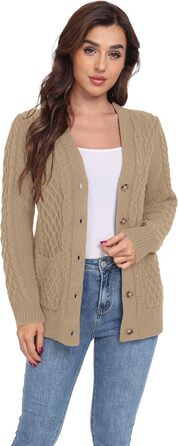 Жіночий в'язаний кардиган GRECERELLE з V-подібним вирізом та ґудзиками, класичний стиль, осінь-зима, бежевий колір