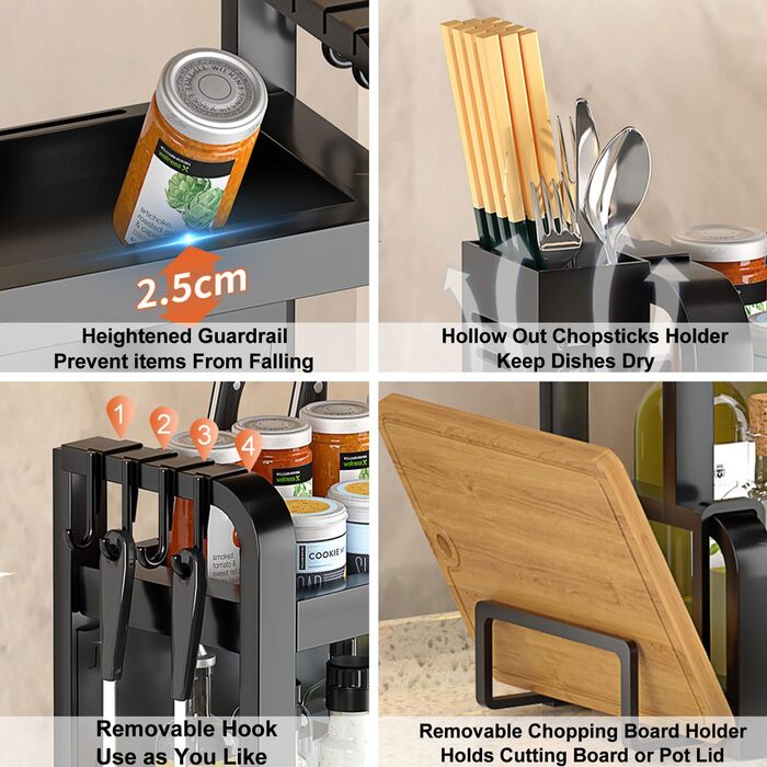 Стійка для спецій Devesanter на 2 яруси, велика місткість, з контейнерами, органайзер для кухні, з підставкою для дощок, з гачками, чорний