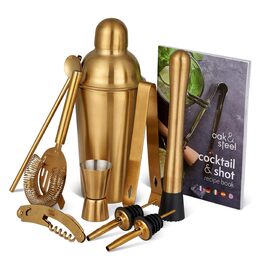 Професійний коктейльний набір Oak & Steel 10 предметів, нержавіюча сталь, золотий – з рецептами для коктейлів та шотов