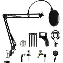 Кріплення для мікрофона на кронштейні, регульоване, чорне, з амортизатором, поп-фільтром, 5 кабельних стяжок. Підходить для запису, подкастів, телевізійних студій