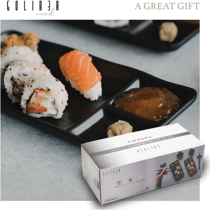 Японський набір суші на 16 осіб – 4 тарілки, 4 мисочки для соусу, 4 пари паличок, 4 підставки – з меламіну, чорний