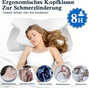 PHYSEN Orthopedic Pillow, Head Pillow Neck Pillow made of Memory Foam, Ergonomic Neck Support Pillow Head Pillow Side Sleeper Pillow for Sides, Back & Stomach Sleepers, 62x41x13cm, White+Light Gray