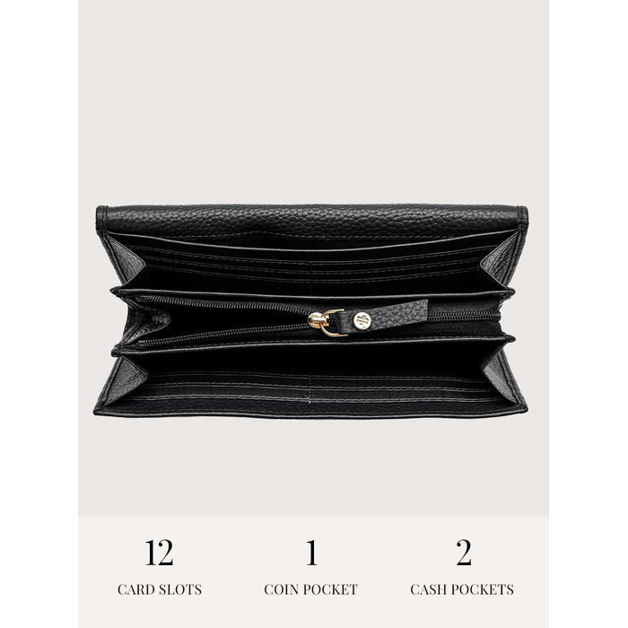 Lazarotti Bologna Large Leather Wallet for Women | with Snap Button, Large Zipper Compartment, 12 Card Slots, RFID Protection | 19 x 10 x 3 cm (2 Adjustable Widths)