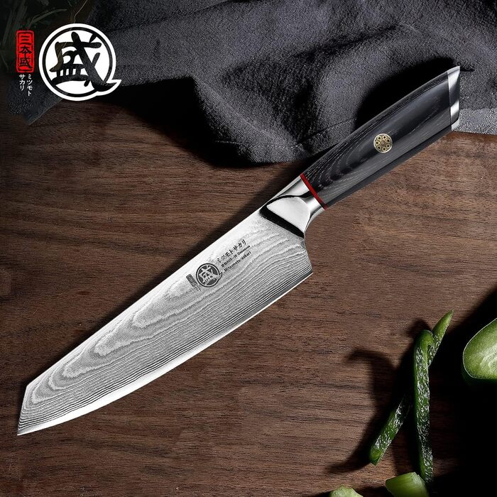 Ніж кухарський японський MITSUMOTO SAKARI Kiritsuke 18 см, сталь AUS-10 Damast, руків'ять Pakkawood, дерев'яна подарункова коробка