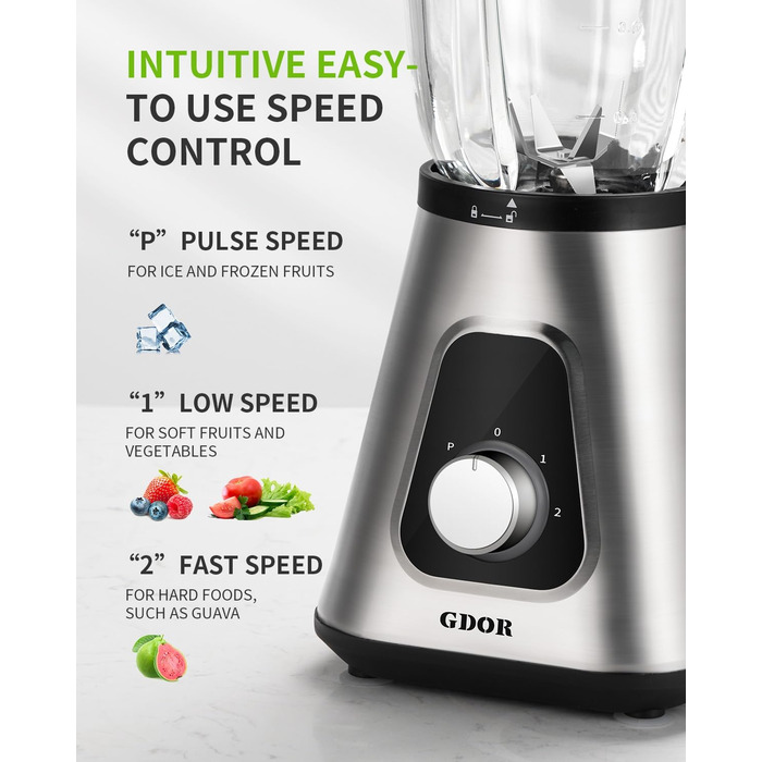 GDOR Standміксер 1200W з 1,5л скляною колбою та 650мл стаканчиком для напоїв. 3 швидкості, для смузі, шейків, соусів. Професійний міксер GDOR