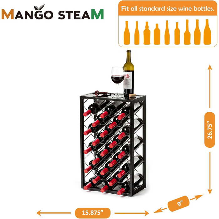 Винна полиця Mango Steam на 23 пляшки з верхньою скляною полицею, чорна