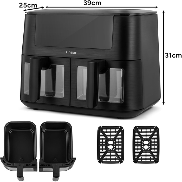 Фритюрниця Linsar з подвійною зоною та двома кошиками, 8л, з сенсорним екраном, 9 режимів, Dual Cook, чорний