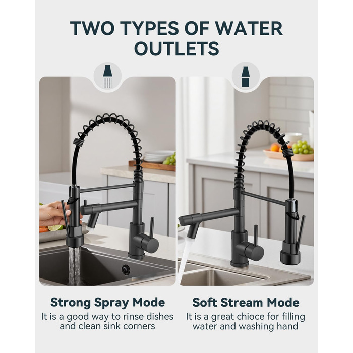 LED кухонний змішувач Warmiehomy з поворотним виливом 360°, 2 виходи, високий вигин, спіральна пружина, чорний