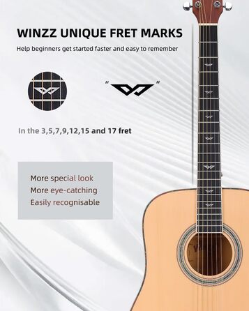 Акустична гітара Winzz 4/4 для початківців, 41 дюйм з чохлом, тюнером, ремінком, медіатором, запасним струною та підставкою (натуральний колір)