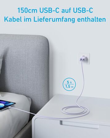 Зарядний пристрій Anker 20W USB-C, адаптер живлення для iPad, швидка зарядка, сумісний з iPhone 17/16/15 (з кабелем USB-C 150см), фіолетовий