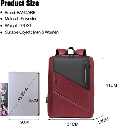 Рюкзак для ноутбука FANDARE Slim - чоловічий/жіночий, багатокольоровий, з USB-портом, для роботи, подорожей, навчання та відпочинку (фіолетовий/червоний)