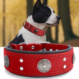 Leather Dog Collar, 5 cm Wide Robust Genuine Leather Collar, Handcrafted, Soft and Luxurious, Eye-Catching Best Choice for Large and Medium Dog Breeds (49.5-60 cm, red)
