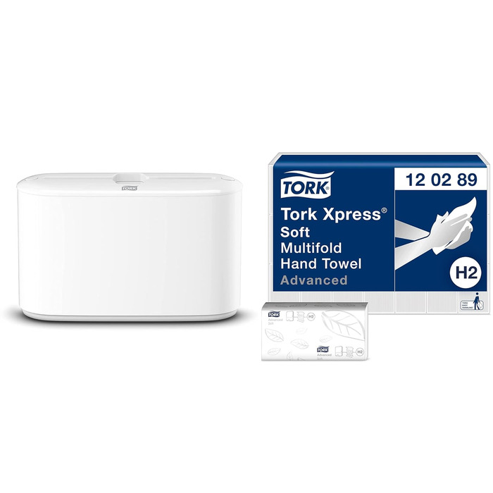 Tork Xpress Table Dispenser for Multifold Paper Towels 552200, Elevation Design - H2 Table Paper Towel Dispenser for Folded Towels for Single Sheet Dispensing, Compact Shape, White, 21.8 x 32.3 x 11.6 cm (White, Bundle with Paper Towels 21 x 180)