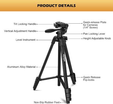 Штатив для камери та телефону GRIFEMA, 140 см, алюміній, з Bluetooth-пультом, регульований, сумісний з iPhone, Android, DSLR