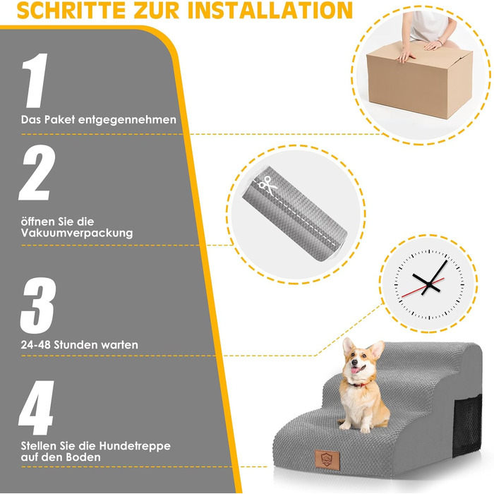3-Step Dog Stairs, Non-Slip Pet Stairs for Small Dogs, Washable Dog Stairs 40cm High, Portable Dog Ramp Cat Stairs with Washable Cover for Sofa Bed