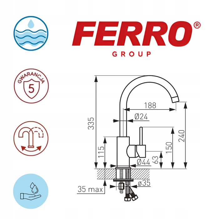Змішувач для кухні стійковий Ferro Lugio Black, чорний
