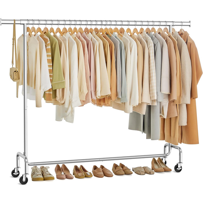 SONGMICS Clothes Rack on Wheels, Coat Rack, Heavy-Duty, Extendable Clothes Rod, Load Capacity up to 110 kg, 45 x (160-200) x 162.9 cm, Metal, Chrome, Silver HSR176E01