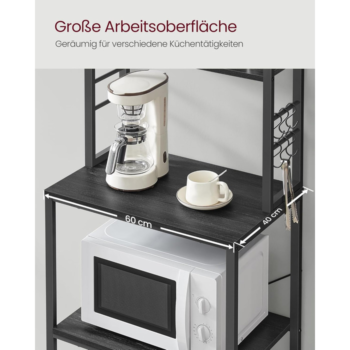 Стелаж кухонний VASAGLE, підлоговий, для мікрохвильової печі, 6 полиць, 6 гачків, сталевий каркас, рустикальний стиль, 40 x 60 x 167 см, золотий дуб + білий, KKS024W09