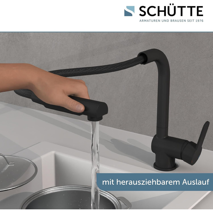 Кухонний змішувач SCHÜTTE LONDON з висувною лійкою, поворотний на 360 градусів, однорідний, чорний, 29,8 см (низький тиск)