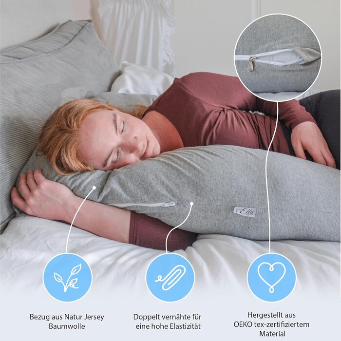 Вагітне подушка Ella, U-подібна подушка для сну на боці, U-подушка, подушка для годування з бавовняним чохлом, подушка для тіла та підтримки для жінок, для сну на боці - 140 x 80 см, сіра U, бавовна