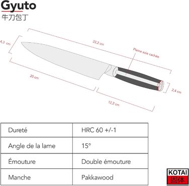 Професійний кухонний ніж KOTAI Gyuto 20 см, японський стиль, ручна робота, ультрашарпий 440C нержавіючий метал