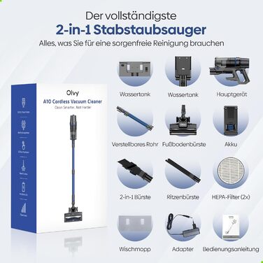 Акумуляторний пилосос Olvy 2-в-1 з функцією миття підлоги, для шерсті тварин, килимів та твердих поверхонь, бездротовий, без мішка, потужність 35KPA, 5 режимів, LED-дисплей, легкий, з HEPA-фільтром та аксесуарами