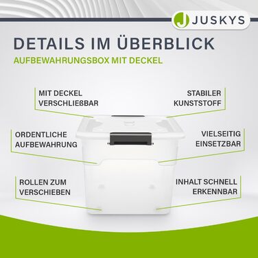 JUSKYS Storage Box with Lid - Set of 4 Plastic Boxes 45L - Large Box, Stackable, Transparent - Storage Organization System Storage Boxes