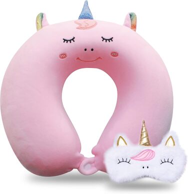 Дитяча подушка для подорожей з маскою для сну, м'яка подушка для шиї з memory foam, рожева, єдиноріг