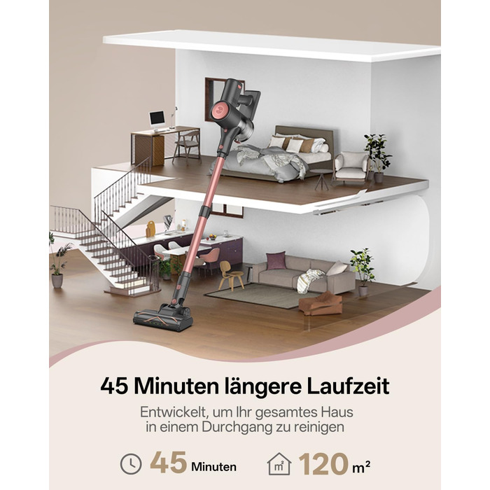 Бездротовий акумуляторний пилосос Vexilar V10PRO 6-в-1 з LED, потужність 450W, час роботи 45 хв, сила всмоктування 45000Pa. Підходить для твердих поверхонь, килимів та видалення шерсті тварин. Компактний, легкий, з телескопічною трубою. Колір: Рожевий.